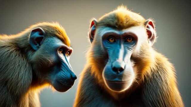 Two baboons interacting closely featuring warm-toned soft lighting that highlights their textured fur set against a smooth gradient background with a focus on their expressive faces and mutual gaze.