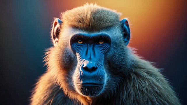 Close-up of a focused baboon gazing into the camera showcasing distinct facial features and textures set against a softly lit gradient background with warm hues highlighting the details of its fur