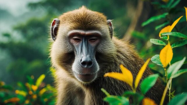 Close-up of a brown baboon gazing thoughtfully among vibrant green foliage and yellow-tinted leaves captured in soft natural light highlighting its fur texture and expression framed in a lush forest