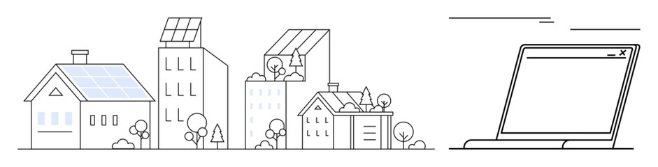 Solar-powered homes, modern buildings, greenery, and tablet-thumbs up device interface for energy monitoring. Ideal for sustainability, renewable energy, eco-living, technology, energy efficiency