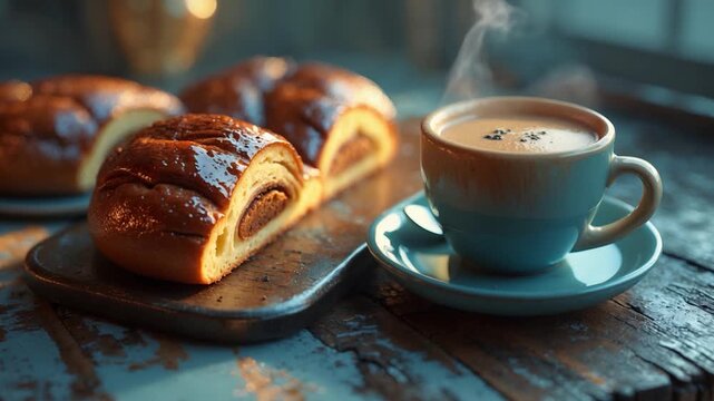 Close-up of a steaming cup of coffee beside a freshly baked glossy swirl bread on a rustic wooden table illuminated by soft warm light revealing rich textures and golden-brown colors with blurred