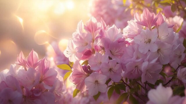 Close-up of delicate pink azalea flowers blooming in soft natural light surrounded by lush green leaves with blurred backgrounds and glowing highlights creating a dreamy tranquil garden scene