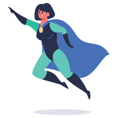 Dynamic Cartoon Woman Superhero Flying with Blue Cape and Teal Accents Powerful Pose Confident Expression Vibrant Colors