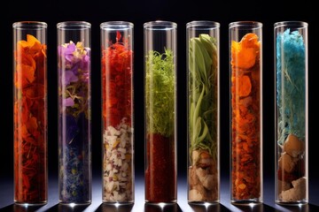 Seven glass test tubes filled with colorful flowers, herbs, and other natural remedies create a vibrant display, representing the potential of alternative medicine