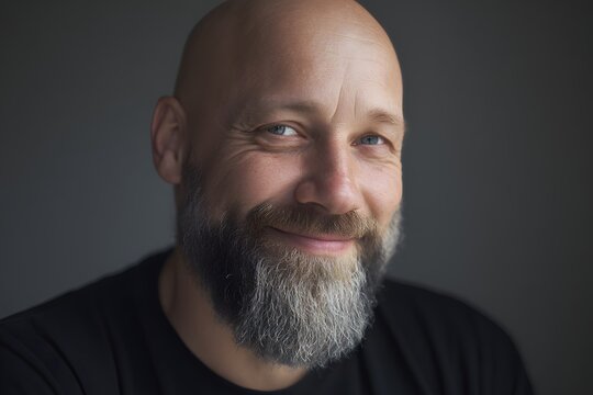 Close-up portrait of smiling bald man with grey beard against dark background