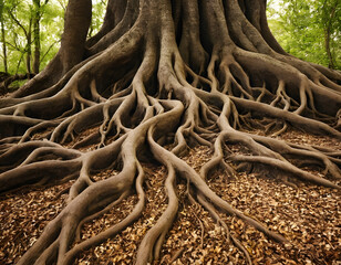 A close up of tree roots that are black and brown. The roots are twisted and gnarled, giving the impression of a tangled mess. Scene is one of mystery and intrigue, tree roots in the ground