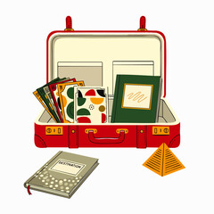 A vibrant illustration showcases an open red suitcase filled with travel essentials like books, maps, and a miniature pyramid, perfect for vacation.