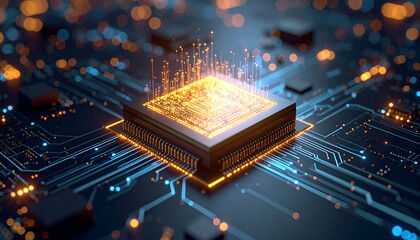 Extreme close-up  of a computer chip or microchip surface, showing the complex circuitry and electrical lines in golden and green colors. Conceptualizing advanced technology, data, and hardware.