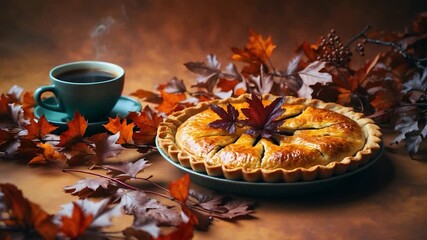 Artfully arranged autumn pie on a rustic plate surrounded by colorful fallen leaves with a steaming cup of coffee on a textured surface evoking warm seasonal vibes in soft natural light.