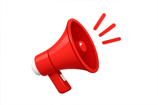 Bright red megaphone or loudspeaker with black handle signaling announcement marketing promotion or attention isolated on transparent background