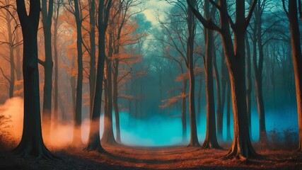 Enchanting autumn forest pathway illuminated by warm orange and cool blue light with mist swirling among bare trees and fallen leaves creating a mystical atmosphere - Powered by Adobe