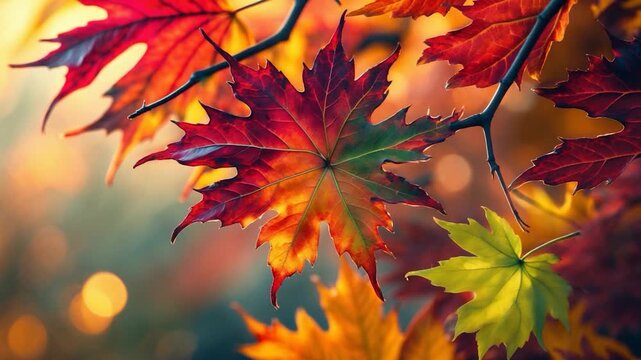 Close-up of vibrant red orange and yellow maple leaves with a soft background glow showcasing seasonal change in an outdoor setting during daylight highlighting the intricate textures and colors of