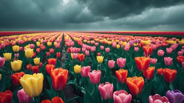 Vibrant tulip fields in colorful shades of red pink yellow and orange amid a cloudy sky with gentle rain showcasing a wide view of blossoming flowers arranged in neat rows across the landscape