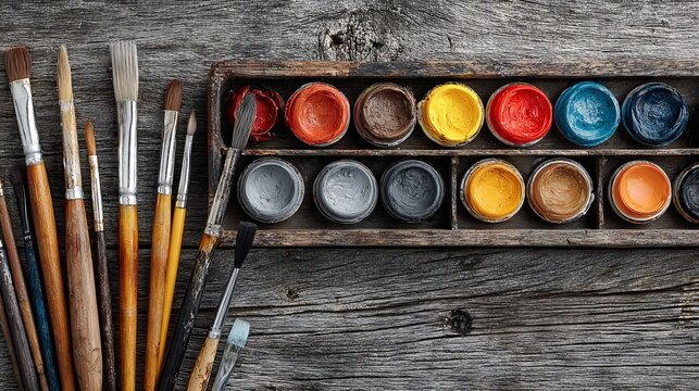 Watercolor painting supplies on rustic wooden board with brushes paint tubes palette and paper art studio top view creative artist workspace background