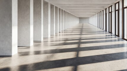 Obraz premium Long Concrete Corridor with Rows of Pillars and Sunlight Casting Long Shadows architecture