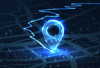 GPS. Abstract vector two pin icon on blue city map with white line connection. Transportation delivery, map location, transport logistic, tourism navigate, route path concept. GPS point navigation

