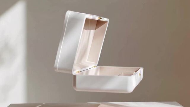 Floating open jewelry or gift box with hinged lid raised against a neutral background; minimalist packaging or gift box mockup.