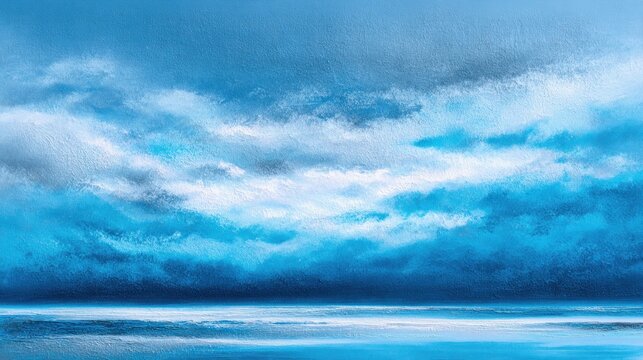 Abstract ocean landscape painting with a dramatic sky and horizon line