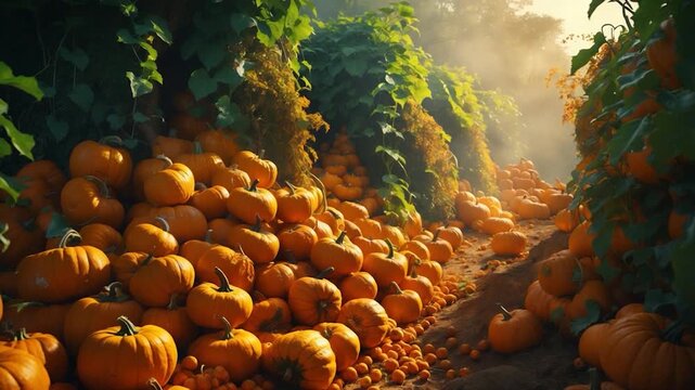 Lush pumpkin patch with vibrant orange pumpkins stacked along a sunlit path surrounded by green vines and soft natural light filtering through the foliage showcasing a seasonal harvest landscape at