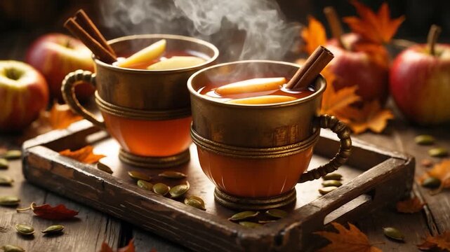 Steaming cups of spiced apple cider on a wooden tray surrounded by fresh apples autumn leaves and scattered pumpkin seeds in a warm-toned rustic kitchen setting with soft natural light enhancing the