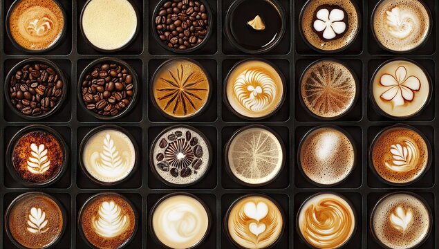 Top-down view of numerous coffee cups arranged in a perfect grid, each featuring intricate and varied latte art patterns