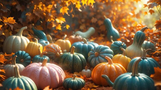 Colorful assortment of pumpkins in varying shapes and sizes nestled among vibrant autumn leaves with soft natural light creating warm textures and inviting composition throughout the seasonal