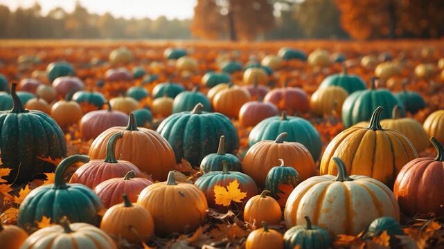 Vibrant pumpkin patch scenery filled with various colored pumpkins including teal orange and striped scattered among fallen leaves in a bright autumn landscape with soft natural light