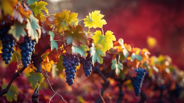 Close-up of lush grapevines with ripe blue grapes hanging among vibrant green and autumn-toned leaves illuminated by soft natural light in a vineyard setting during sunset showcasing rich textures