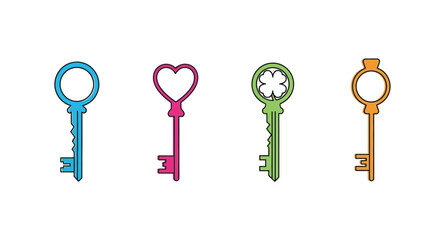 Colorful vintage keys in a row different shapes and vibrant hues