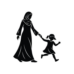 Muslim Mother Walking With Running Daughter – Islamic Family Silhouette Vector