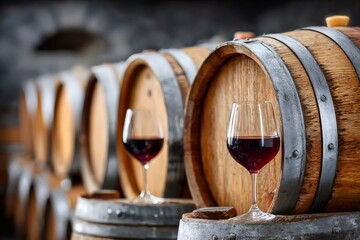 Red wine glasses on oak barrels in cellar