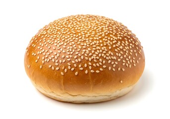 Fresh sesame seed hamburger bun isolated on white background, close-up of golden baked burger bread