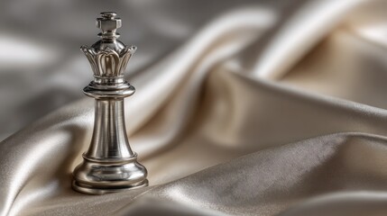 Silver chess queen piece on luxurious silk fabric