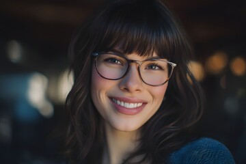 Beautiful young woman smiling with glasses and brown hair, portrait of a friendly face