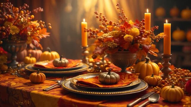 Elegant Thanksgiving dinner table setting with vibrant autumn decorations glowing candles assorted pumpkins and floral arrangements on a richly patterned tablecloth in warm lighting.