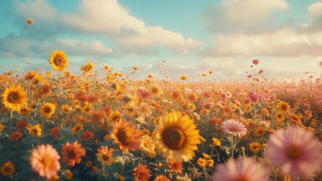 Wide view of a vibrant field filled with bright orange and pink flowers swaying gently under soft natural light with fluffy white clouds against a clear blue sky creating a serene outdoor landscape.