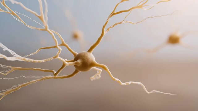a neuron with prominent dendrites on a light background, long branches fading into blur &mdash; concept of neural conductivity.