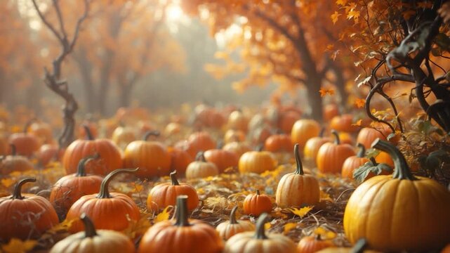 Wide view of an autumn pumpkin patch filled with orange pumpkins resting on fallen leaves surrounded by trees with vibrant orange foliage soft natural light creating a warm atmosphere throughout the