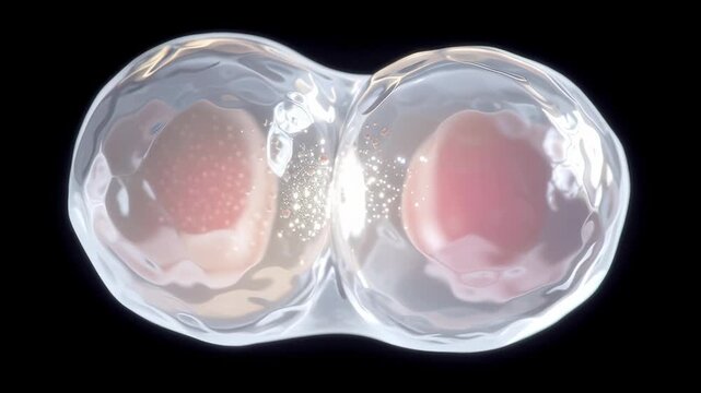Studio close-up render of a dividing cell: two transparent capsules, merging membranes and visible nuclei, scene of embryonic cleavage.