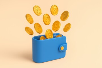 Blue wallet overflowing with golden coins symbolizes wealth and investment, showcasing gold as safe asset for financial growth