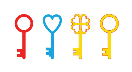Four colorful keys in red blue yellow and a clover shaped key