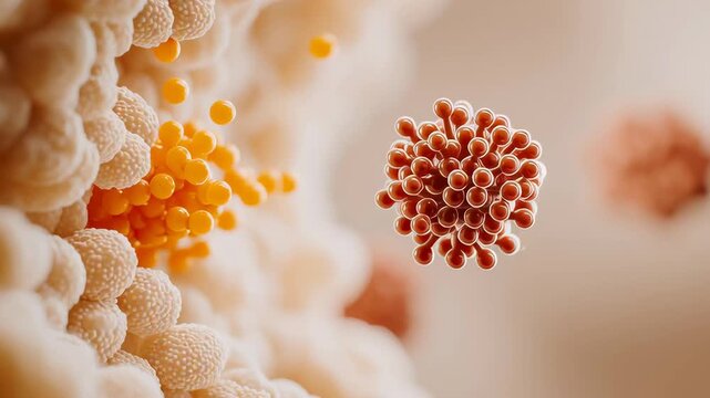 Spiky virus-like particle on a textured tissue, epithelium surface; orange-beige accents depicting adhesion and potential interaction with a cell membrane.
