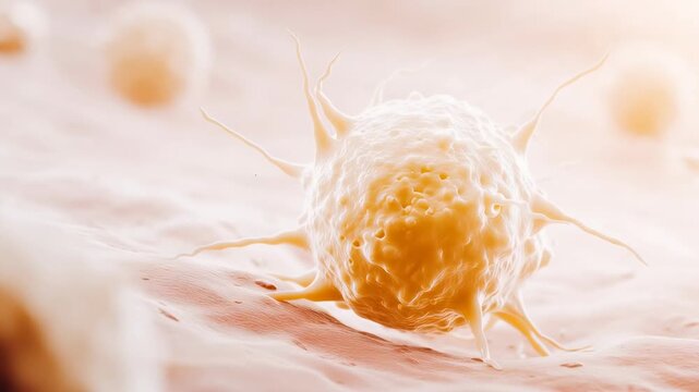 Close-up of a single cell with numerous protrusions, filopodia; detailed cell surface and delicate web of cytoplasmic extensions.