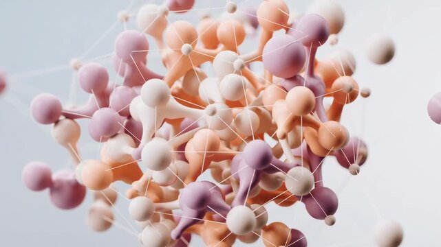 3D render of a molecular model made of pastel spheres and connecting nodes; soft pink-beige palette with emphasis on shapes and inter-node connections.