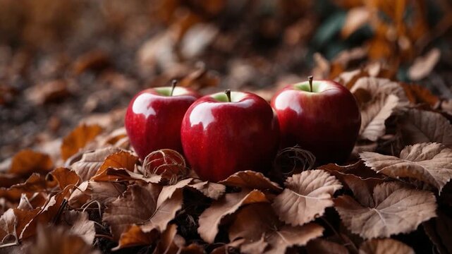 Three glossy red apples resting on dry brown autumn leaves surrounded by a blurred natural background showcased in three sequential shots from beginning to end emphasizing rich colors and textures