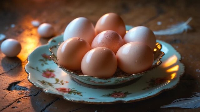 Close-up of a rustic ceramic bowl filled with various eggs arranged in a delicate pattern surrounded by scattered eggs and feathers illuminated by warm soft light creating warm tones and highlighting