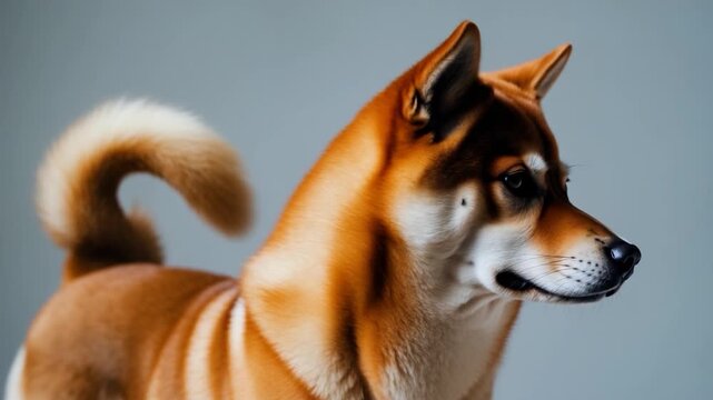 Close-up of a fluffy Shiba Inu dog showcasing its rich orange coat and distinctive features gracefully turning its head with a smooth motion against a simple gray background with soft natural
