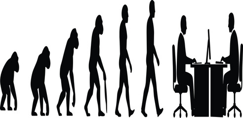 Human evolution icon set, silhouette progression from primate to modern computer user, black and white illustration, lifestyle, technology, posture, vector grid