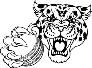 A jaguar, panther, leopard or cheetah wildcat spotted cat cricket sports team mascot holding a cricket ball