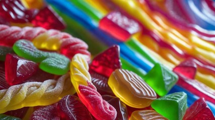 Colorful assortment of various candies and sweets in vibrant shapes and sizes featuring glossy textures and bright hues arranged attractively on a background of swirling rainbow patterns in soft